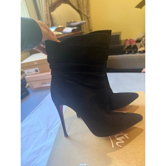 Christian Louboutin Ishtar Booty 100 Black Suede Red Sole Stiletto Boots 37.5 - Picture 2 of 5